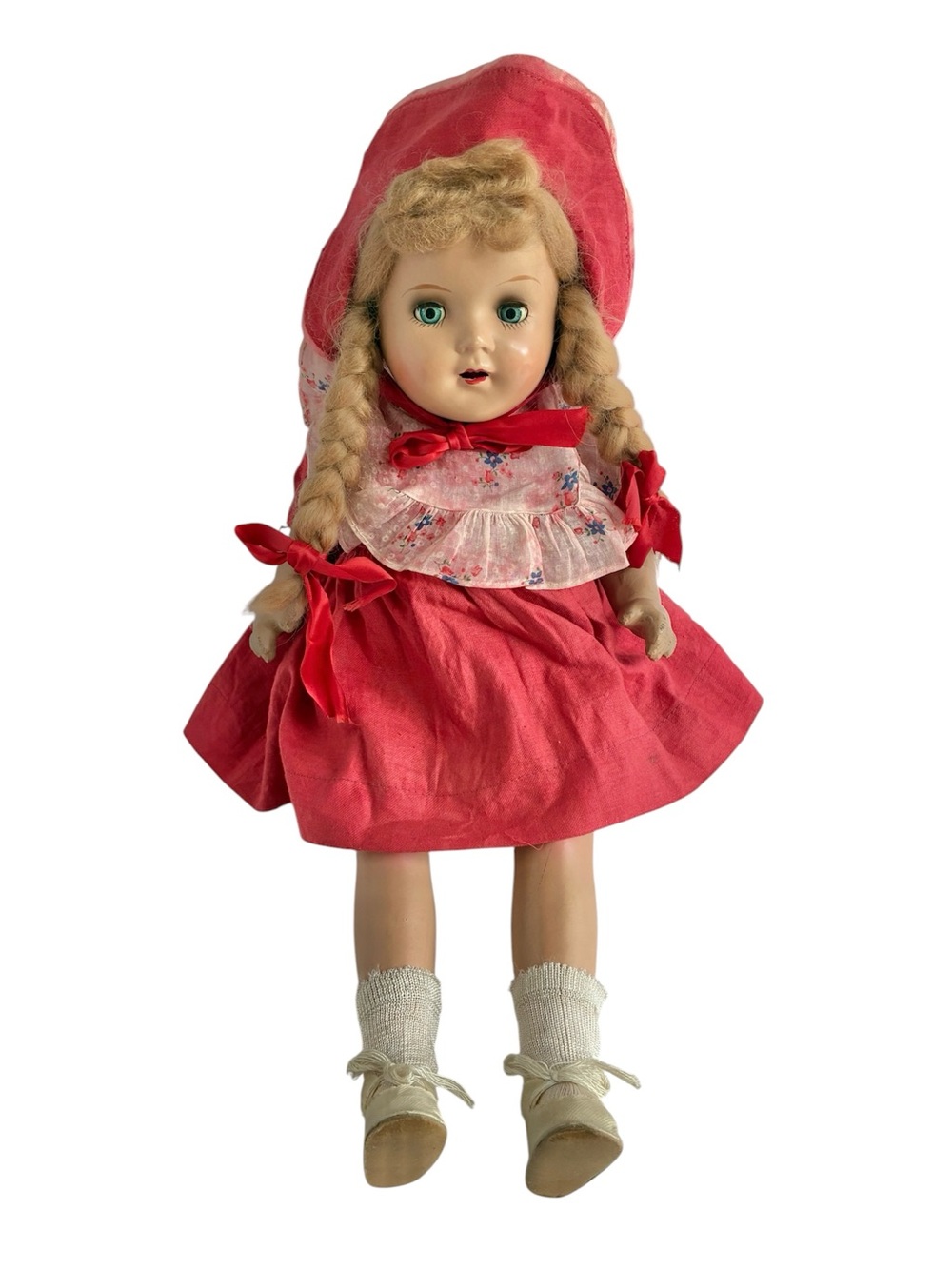 Vintage 40s 50s Composition Doll Red Dress Hat 18” Hard Plastic Rare
